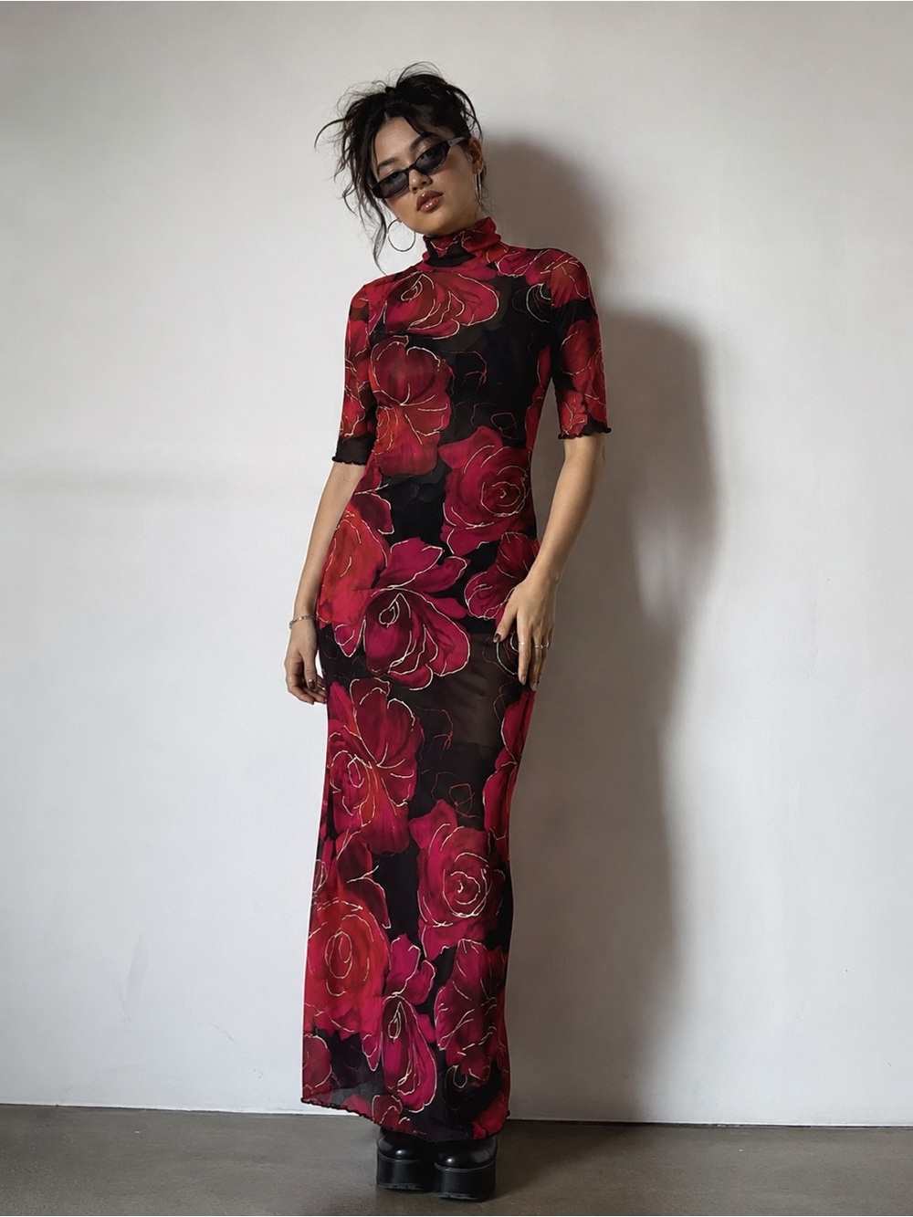 Vintage 90s Mesh Red Black Metallic Floral Dress Y2K Whimsygoth Fairy Grunge